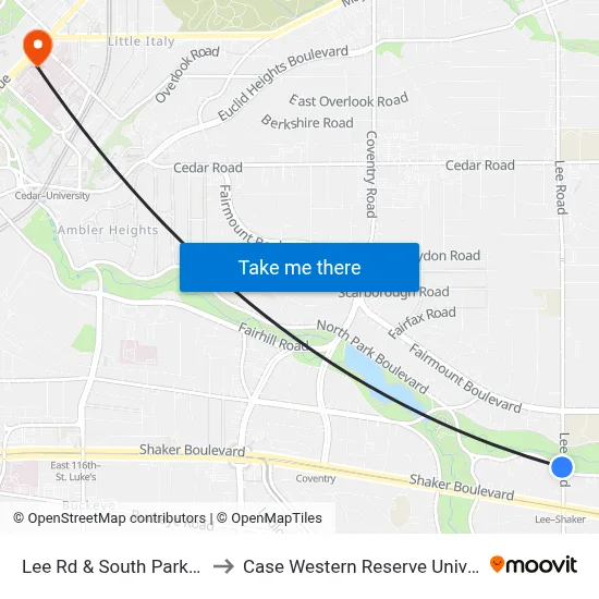 Lee Rd & South Park Blvd to Case Western Reserve University map