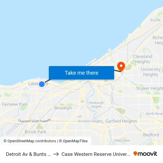Detroit Av & Bunts Rd to Case Western Reserve University map