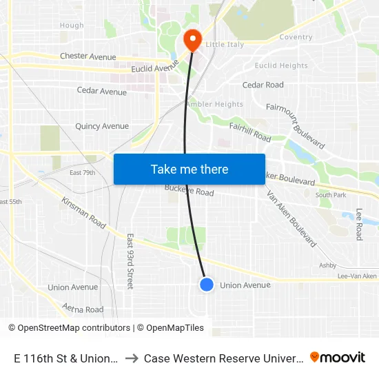 E 116th St & Union Av to Case Western Reserve University map