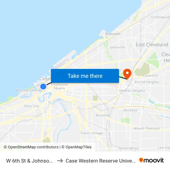 W 6th St & Johnson Ct to Case Western Reserve University map