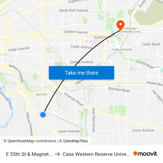 E 55th St & Magnet Av to Case Western Reserve University map