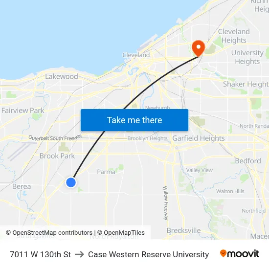 7011 W 130th St to Case Western Reserve University map