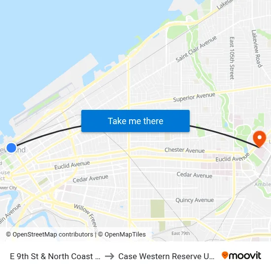 E 9th St & North Coast Station to Case Western Reserve University map