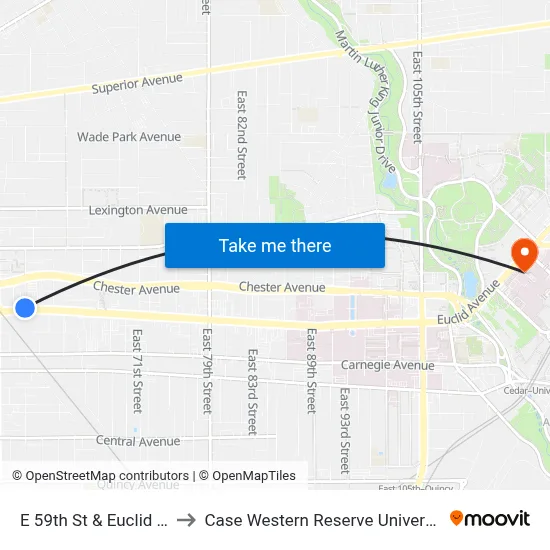 E 59th St & Euclid Av to Case Western Reserve University map