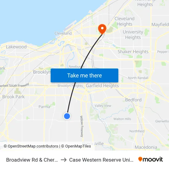 Broadview Rd & Cherry Ln to Case Western Reserve University map