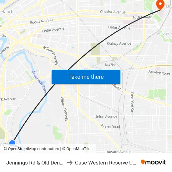 Jennings Rd & Old Denison Av to Case Western Reserve University map