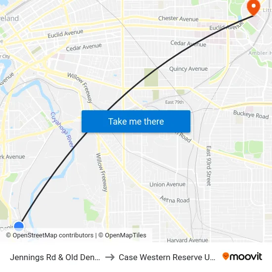 Jennings Rd & Old Denison Av to Case Western Reserve University map