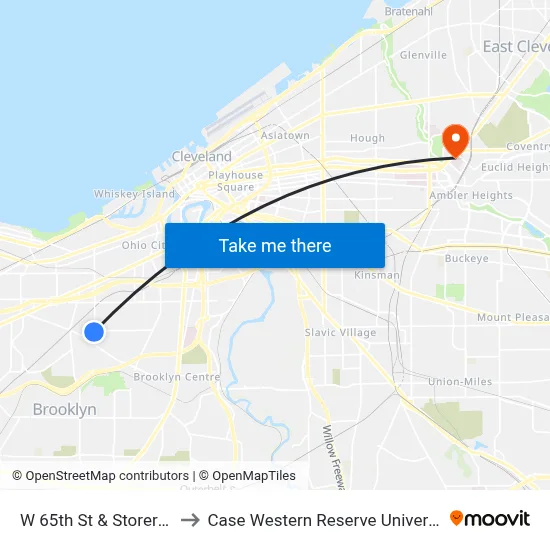 W 65th St & Storer Av to Case Western Reserve University map