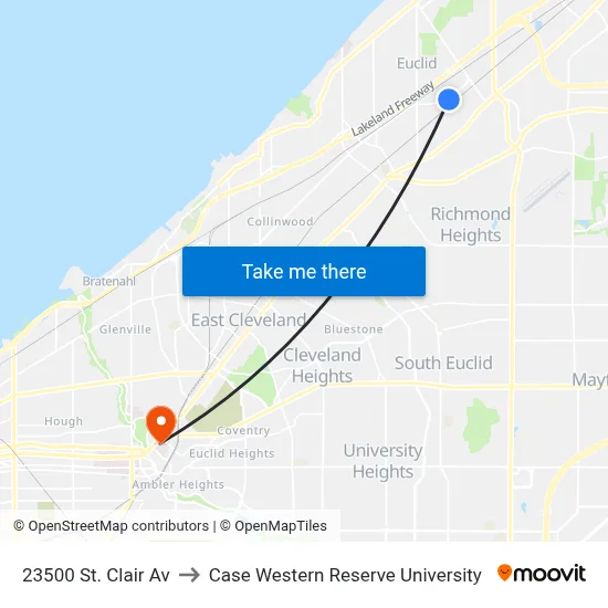 23500 St. Clair Av to Case Western Reserve University map