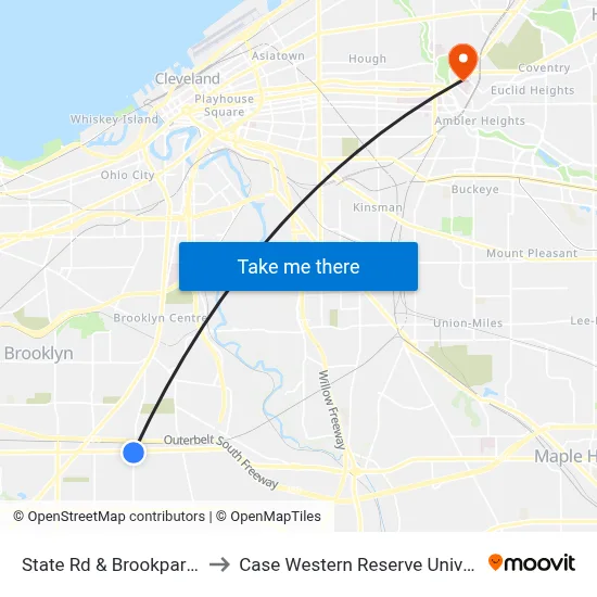 State Rd & Brookpark Rd to Case Western Reserve University map