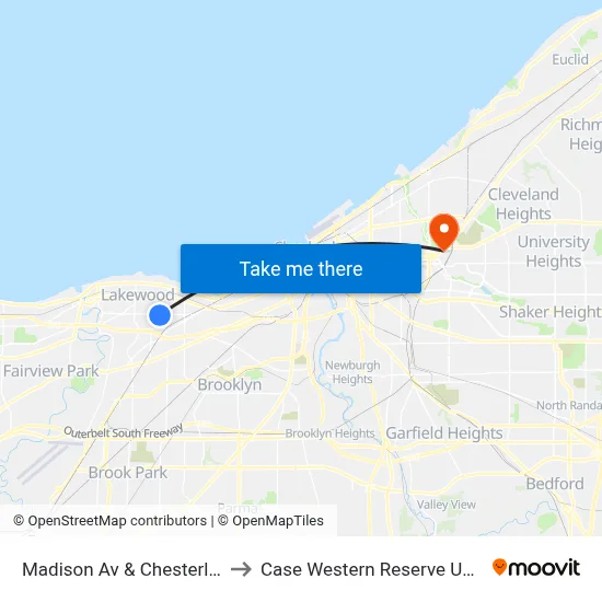 Madison Av & Chesterland Av to Case Western Reserve University map