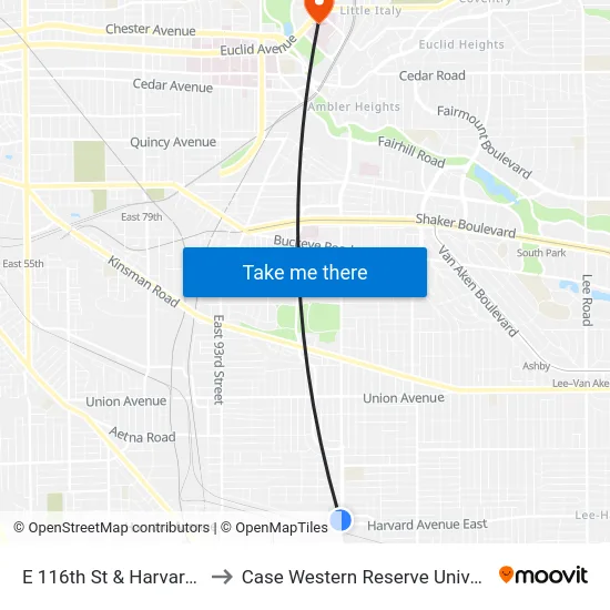 E 116th St & Harvard Av to Case Western Reserve University map