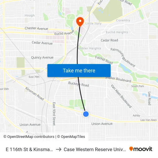 E 116th St & Kinsman Rd to Case Western Reserve University map