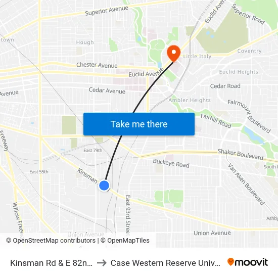 Kinsman Rd & E 82nd St to Case Western Reserve University map