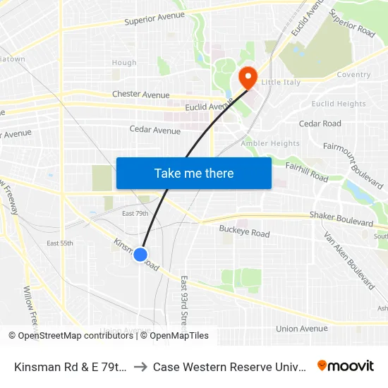 Kinsman Rd & E 79th St to Case Western Reserve University map