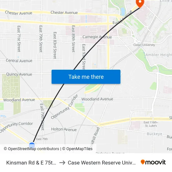 Kinsman Rd & E 75th St to Case Western Reserve University map