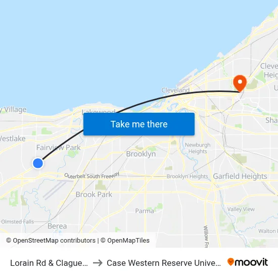 Lorain Rd & Clague Rd to Case Western Reserve University map
