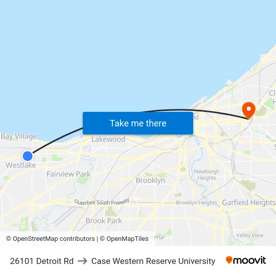 26101 Detroit Rd to Case Western Reserve University map