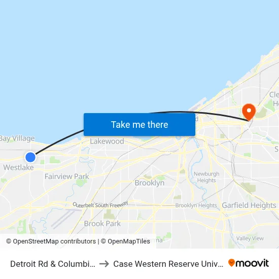Detroit Rd & Columbia Rd to Case Western Reserve University map