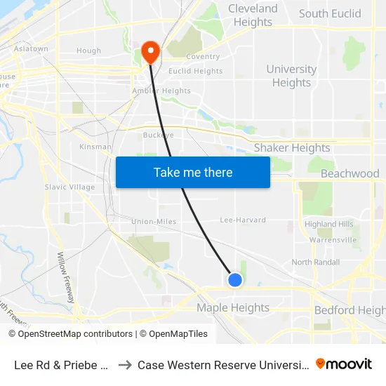 Lee Rd & Priebe Av to Case Western Reserve University map