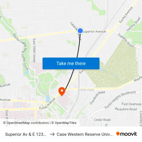 Superior Av & E 123rd St to Case Western Reserve University map