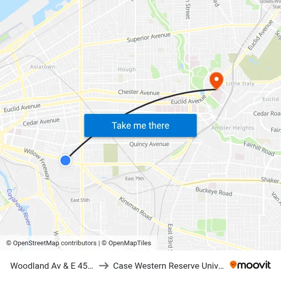 Woodland Av & E 45th St to Case Western Reserve University map