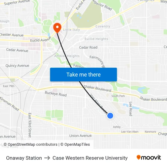 Onaway Station to Case Western Reserve University map