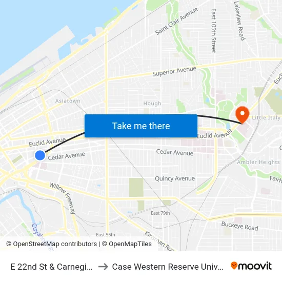 E 22nd St & Carnegie Av to Case Western Reserve University map