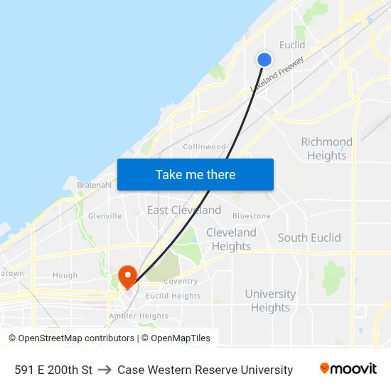 591 E 200th St to Case Western Reserve University map