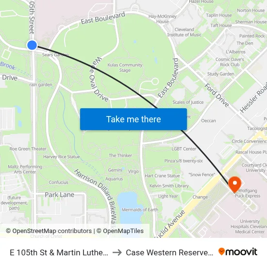 E 105th St & Martin Luther King Jr Dr to Case Western Reserve University map