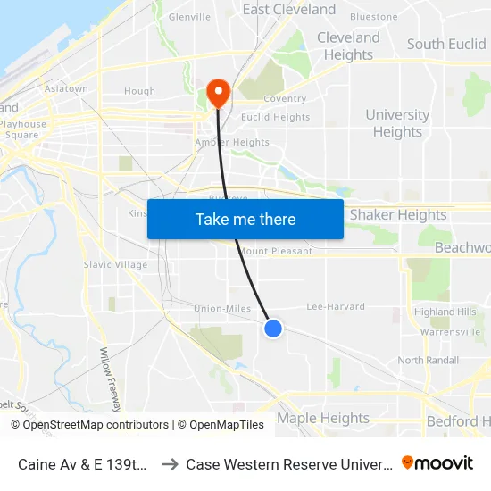 Caine Av & E 139th St to Case Western Reserve University map