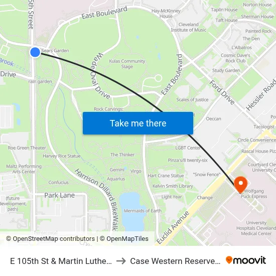 E 105th St & Martin Luther King Jr Dr to Case Western Reserve University map