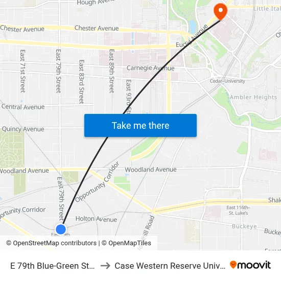 E 79th Blue-Green Station to Case Western Reserve University map