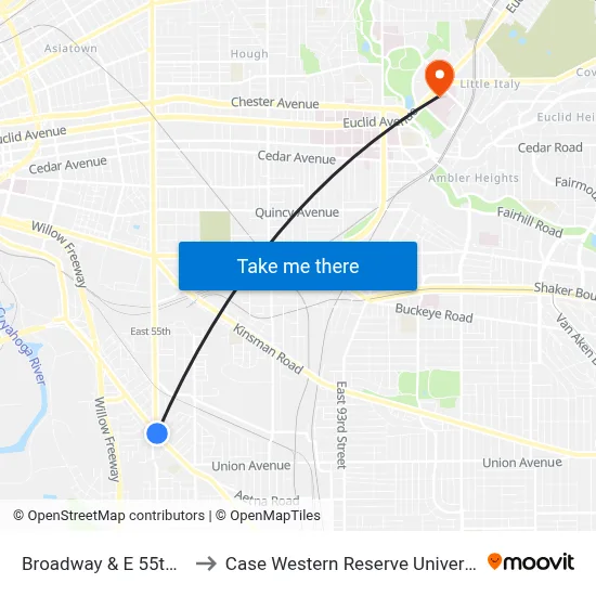 Broadway & E 55th St to Case Western Reserve University map