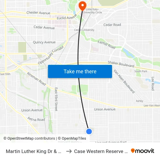 Martin Luther King Dr & Angelus Av to Case Western Reserve University map