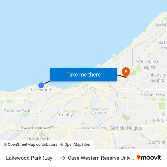 Lakewood Park (Layover) to Case Western Reserve University map