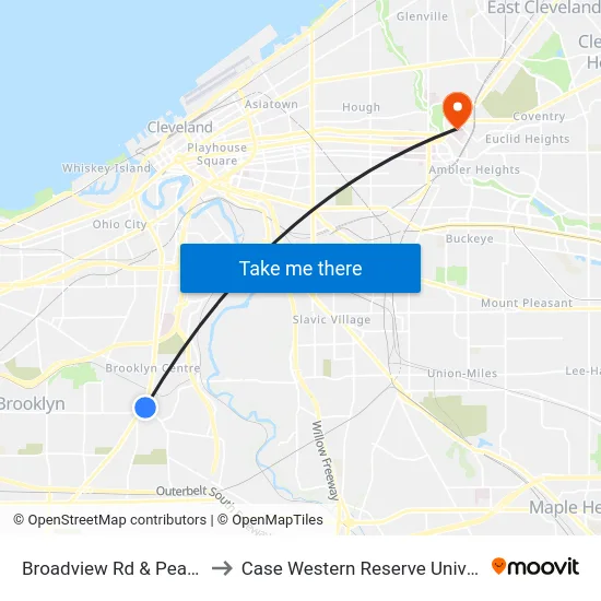 Broadview Rd & Pearl Rd to Case Western Reserve University map