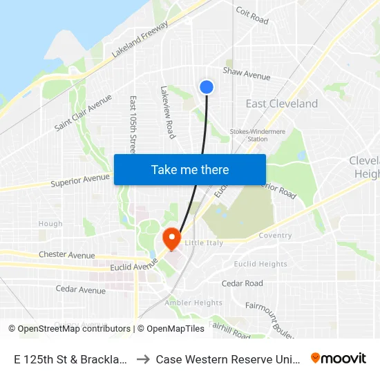 E 125th St & Brackland Av to Case Western Reserve University map