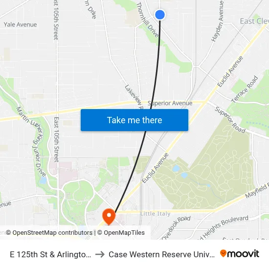 E 125th St & Arlington Av to Case Western Reserve University map
