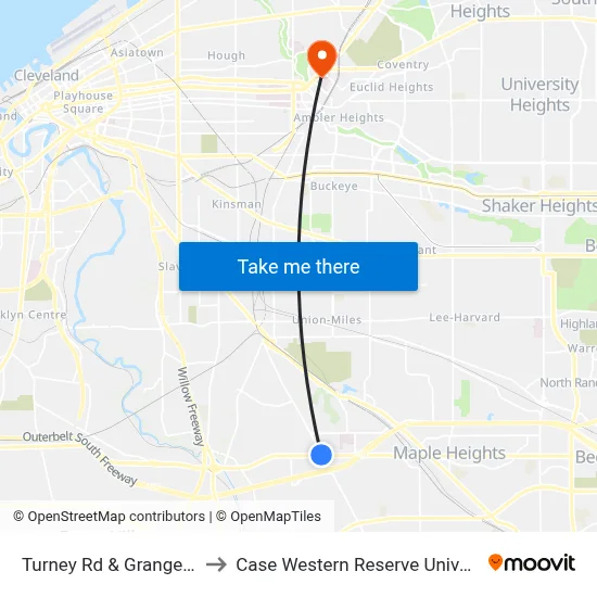Turney Rd & Granger Rd to Case Western Reserve University map