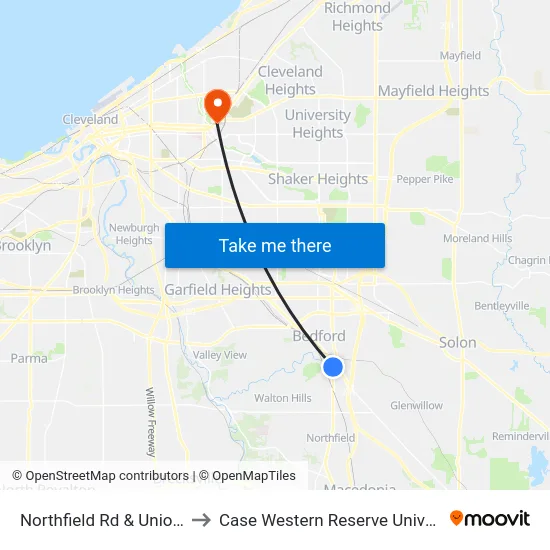 Northfield Rd & Union St to Case Western Reserve University map