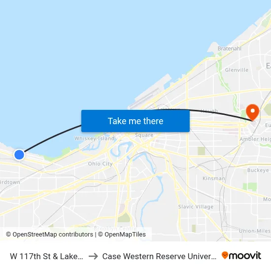 W 117th St & Lake Av to Case Western Reserve University map