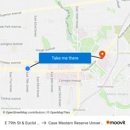 E 79th St & Euclid Av to Case Western Reserve University map