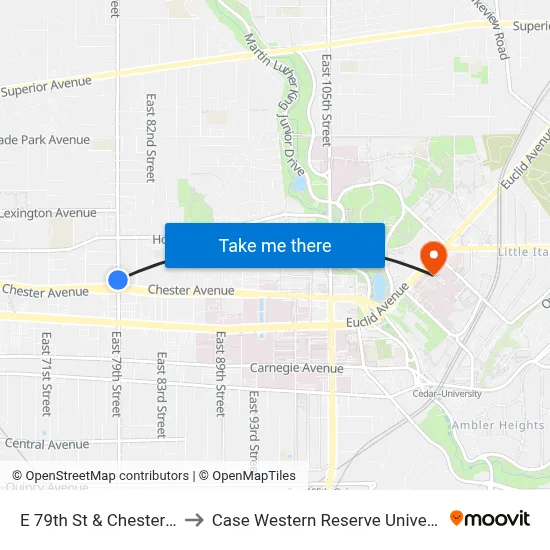 E 79th St & Chester Av to Case Western Reserve University map