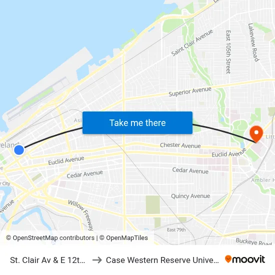 St. Clair Av & E 12th St to Case Western Reserve University map