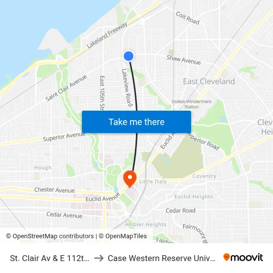 St. Clair Av & E 112th St to Case Western Reserve University map