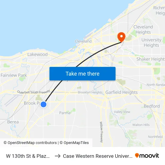 W 130th St & Plaza Dr to Case Western Reserve University map