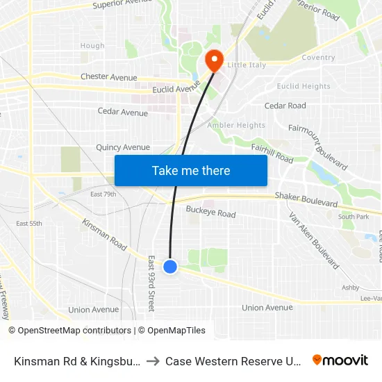 Kinsman Rd & Kingsbury Blvd to Case Western Reserve University map