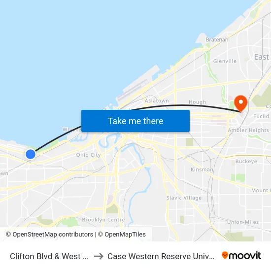 Clifton Blvd & West Blvd to Case Western Reserve University map