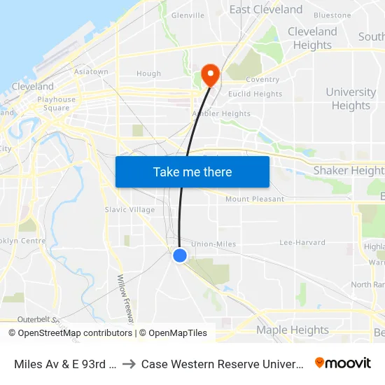Miles Av & E 93rd St to Case Western Reserve University map